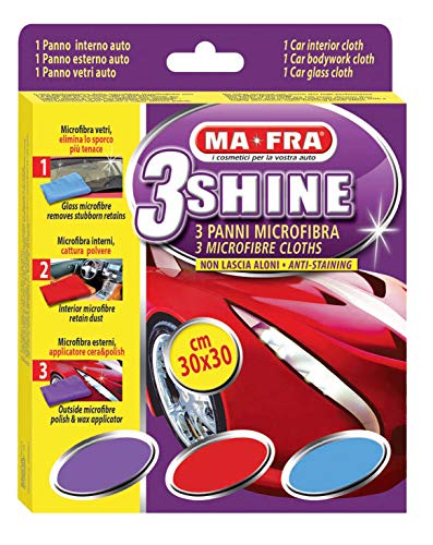 Ma-Fra, 3Shine, Tris Panni in Microfibra per Pulizia Vetri, Esterni ed Interni Auto, Multicolore