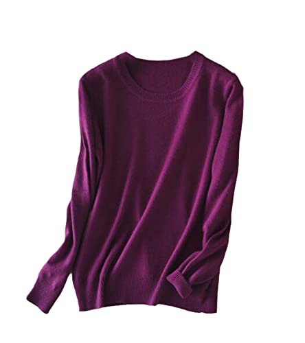 Maglione da donna in cashmere pullover O-collo a maniche lunghe maglione lavorato a maglia, Viola, XL