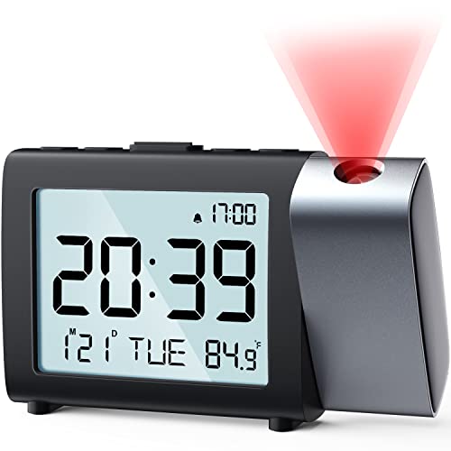 MeesMeek Sveglia digitale a proiezione: Digital Clock con temperatura data 12 24H, luminosità e volume regolabili, orologio a batteria per bambini anziani viaggi camera da letto comodino ufficio