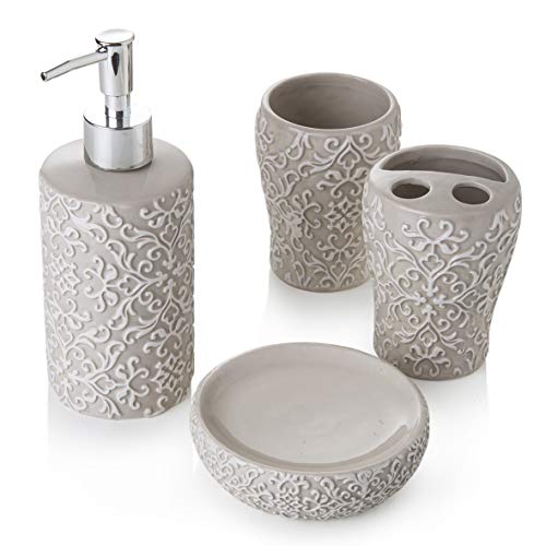 MONTEMAGGI Set da Bagno 4 Pezzi in Ceramica Classic Tortora Include Dispenser, portaspazzolino, Bicchiere e portasapone