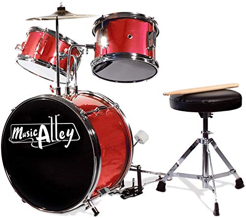 Music Alley Junior Drum Kit per bambini con pedalino da batteria, tamburo sgabello e bastoncini da tamburo - rosso
