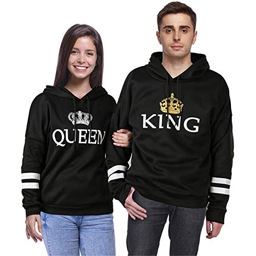 Nest Home Coppie Felpa con Cappuccio King&Queen Corona Stampa Felpe Pullover Uomo e Donna (Nero, King XXL+Queen XL)