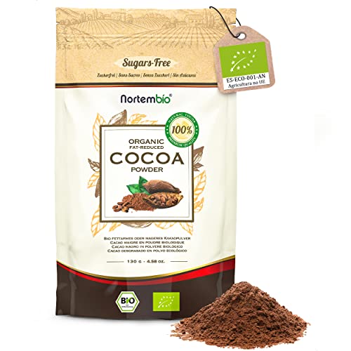 Nortembio Cacao Magro in Polvere Biologico 130 g. 100% Origine Naturale. Qualità Gourmet. Cacao di Ghana Senza Gluten né Senza Zuccheri, Vegana e Senza Lattosio. Alto Contenuto di Fibre.