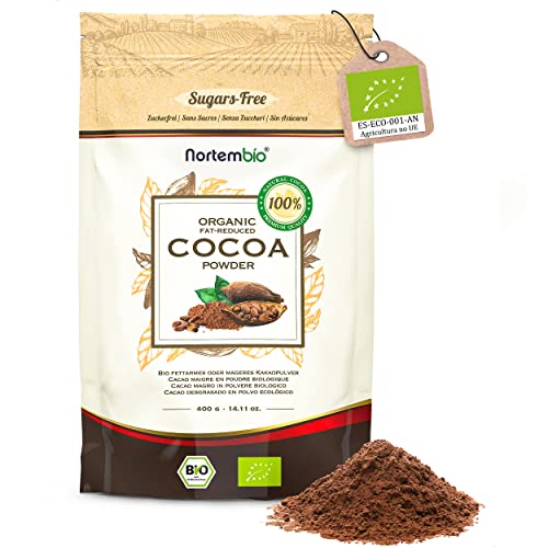 Nortembio Cacao Magro in Polvere Biologico 400 g. 100% Origine Naturale. Qualità Gourmet. Cacao di Ghana Senza Gluten né Senza Zuccheri, Vegana e Senza Lattosio. Alto Contenuto di Fibre.