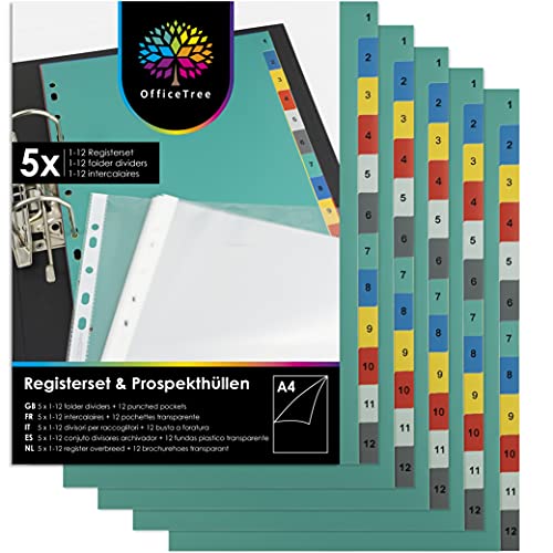 OfficeTree divisori raccoglitori ad anelli in formato A4 con stampa dei numeri 5x 1-12 multicolori - Con 12 buste trasparenti A4 per una perfetta archiviazione