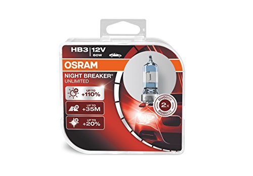 OSRAM NIGHT BREAKER UNLIMITED HB3 Lampada alogena per proiettori 9005NBU-HCB 110% in più di luce, 20% più bianca - confezione Duobox