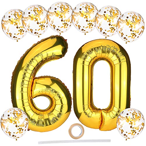 Palloncini Numero 60, Oro Numeri Palloncini Foil 60 Compleanno con Palloncini con Coriandoli Oro, Gigante 100 cm Palloncino Digitali 6 & 0 per 60° Feste di Anniversario Decorazioni di Compleanno