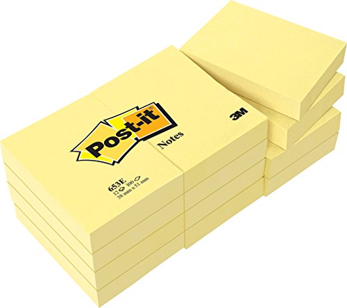 Post-it Foglietti Canary Yellow, Confezione da 12 blocchetti, 100 Fogli per blocco, 51 mm x 38 mm, Colore Giallo - Foglietti Adesivi Fogli Adesivi per Appunti, Elenchi & Promemoria