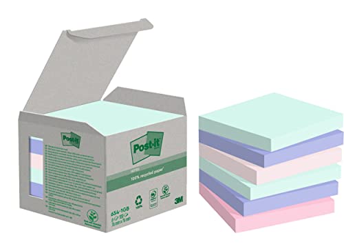 Post-it Foglietti in carta riciclata al 100% in colori assortiti, Confezione da 6 blocchetti, 100 Fogli per blocco, 76 mm mm x 76 mm, Colori Verde, Rosa, Azzurro