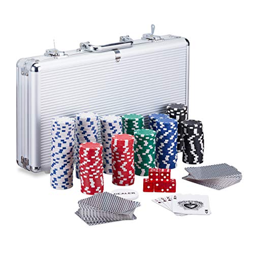 Relaxdays Poker Set, 300 Fiche, 2 Mazzi di Carte, 5 Dadi, Dealer Button, Valigetta in Alluminio richiudibile, Argento, Multicolore, 10023519