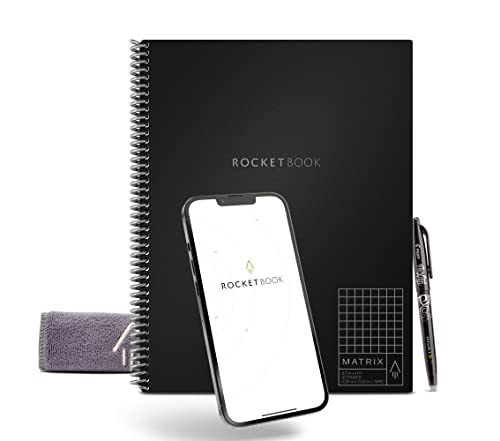 Rocketbook Matrix - Quaderno millimetrato ecologico e riutilizzabile, con 1 penna Pilot Frixion e 1 panno in microfibra inclusi, nero, formato lettera