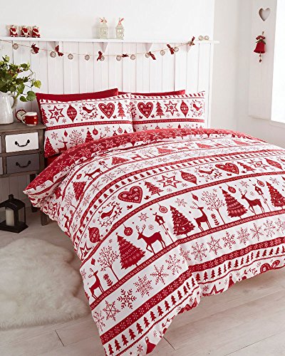Set copripiumino rosso e bianco, con renna, cuore e albero di Natale, Tessuto, Red, white, King size