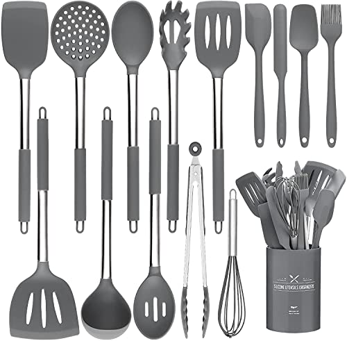 Set di 15 utensili da cucina in silicone, resistenti al calore, con manici in acciaio inossidabile di alta qualità, per cucinare e cuocere, spatole antiaderenti, utensili da cucina (grigio)