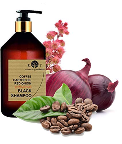 Shampoo Nero alla Caffeina, Olio di Ricino e Estratto di Cipolla Rossa Anticaduta Crescita dei capelli 500 ml