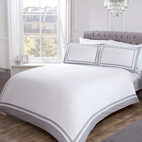 Sleepdown Set di biancheria da letto con copripiumino e federe, 100% raso di cotone a 300 fili, colore grigio con bordo a contrasto, colore: bianco