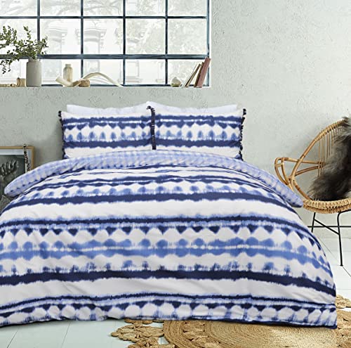 Sleepdown Tie Dye Geo Blue White - Set copripiumino reversibile con nappa, morbido e facile da pulire, super king size (220 x 260 cm)