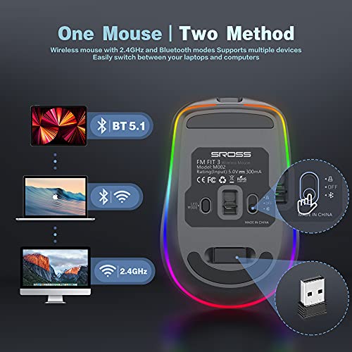 SROSSTEC Mouse Wireless, 2400 DPI Ricaricabile Mouse Bluetooth, Wir...