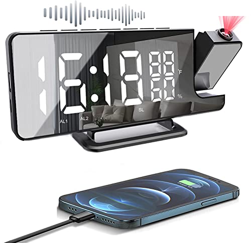 Sveglia con proiezione radiosveglia con porta USB, sveglia digitale con proiezione, doppio allarme 12 24H, display LED a 180°, 4 livelli di proiezione