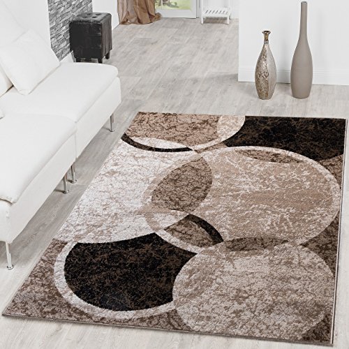 Tappeto moderno con design a cerchi, per soggiorno, tappeto melange marrone, beige, nero, Polipropilene, marrone, 190 x 280 cm