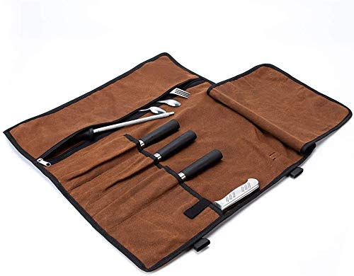 Tuyu - Rotolo di coltello impermeabile da 453,6 g, in tela cerata, per coltelli, portatile, 4 scomparti, con tasca con cerniera per cuoco TYDB455, colore: marrone