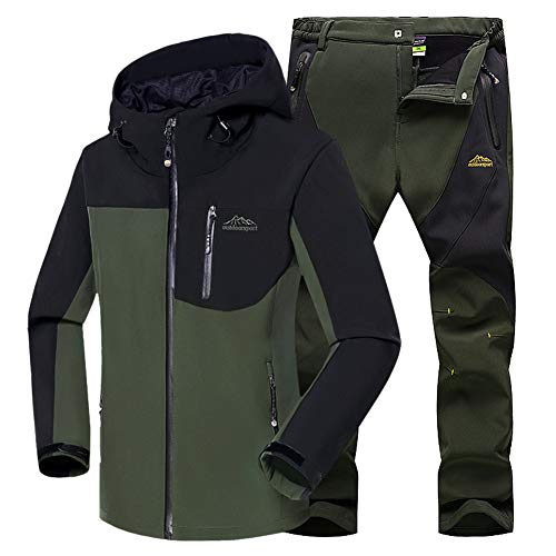 WANPUL - Completo da uomo in tessuto tecnico, giacca e pantaloni in softshell per attività all’aperto come trekking ed escursionismo Verde militare + verde militare. S