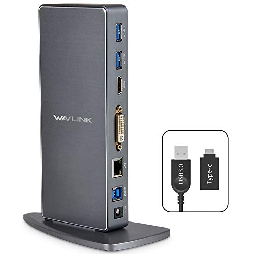 WAVLINK Docking station USB 3.0 con due uscite video (DVI, VGA o HDMI) per laptop   PC o Mac (Gigabit Ethernet, audio, 6 porte USB 3.0)