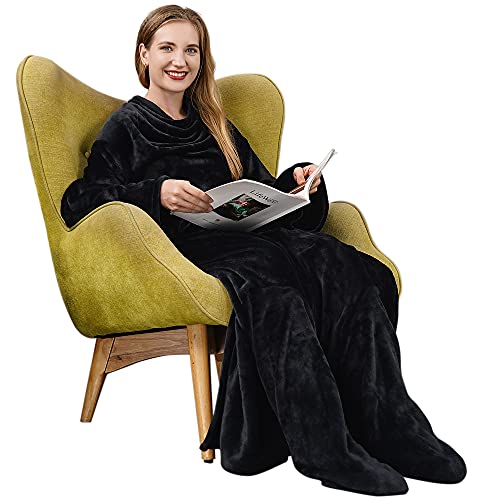 Winthome Comoda coperta portatile con maniche Morbido e caldo per i fan del divano. Due taglie con braccia elastiche e Hook and Loop (140 x 180cm, Nero)