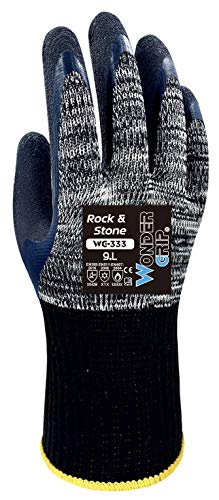 Wonder Grip WG-333 Rock & Stone - Guanto da lavoro con doppio rivestimento in lattice; guanti a prova di taglio, freddo e calore per una presa sicura; L   09, grigio e nero