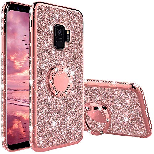 XTCASE Cover Glitter per Samsung Galaxy S9, Brillantini Bling Custodia con Supporto Anello a 360° Ultra Sottile Antiurto Morbid TPU Silicone Protettiva Case, Rosa
