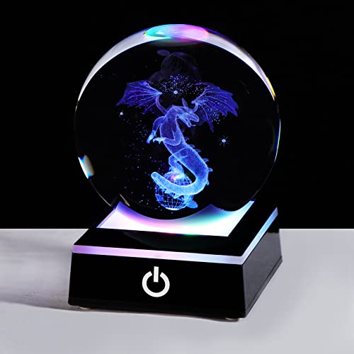 80mm sfera di cristallo inciso 3D drago gotico con base colorata nera