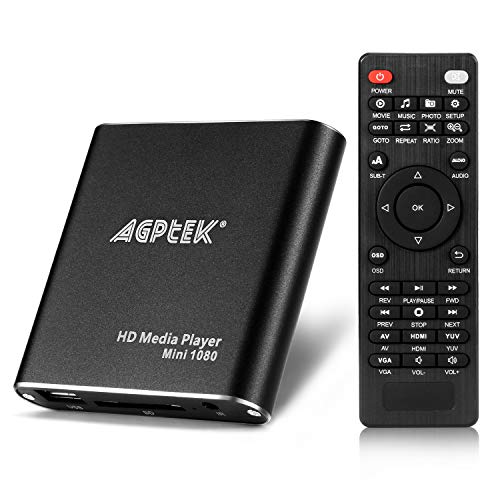 AGPTEK MKV media player 1080P HD Digital Media Player - MKV RM - HDD SD USB - HDMI Supporto HDMI CVBS e YPbPr uscita video con telecomando e l adattatore di alimentazione 5V 2A