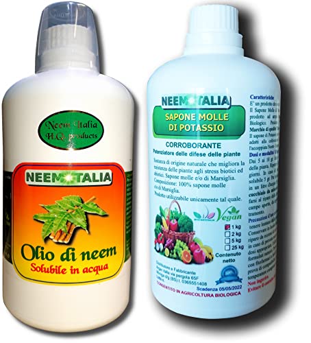 Argan Italia Olio di neem solubile per Piante 1lt + Sapone Molle di potassio corroborante 1kg con dosatore