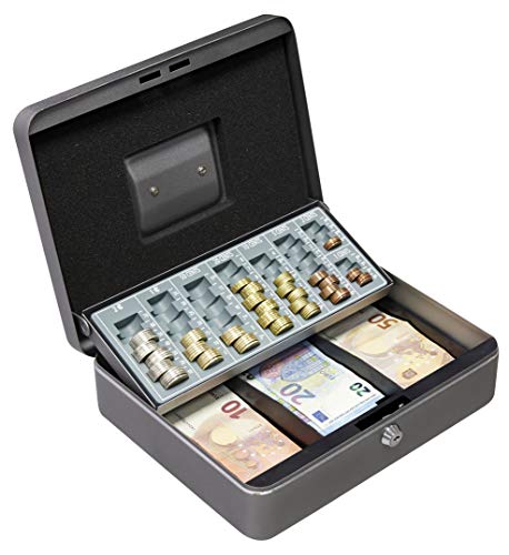 ARREGUI Cashier C9246-EUR Cassetta di sicurezza con chiave per trasportare denaro | Cassetta Portavalori in acciaio con vassoio Portamonete e Banconote | Cassaforte portatile larghezza 30 cm | Grigio