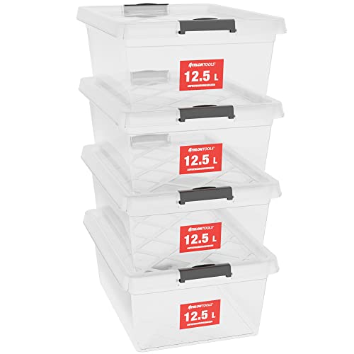 ATHLON TOOLS 4 scatole da 12,5 l con coperchio, per uso alimentare, clip di chiusura, 100% nuovo materiale, scatola di plastica trasparente, impilabile