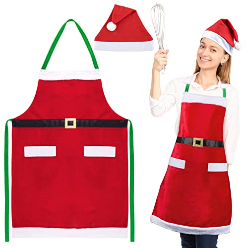 BETESSIN Grembiule Natalizio Cappello Babbo Natale Rosso Grembiule da Cucina Barbecue Costume Babbo Natale per Festa Idea Regalo per Donna Uomo Cuoco Chef