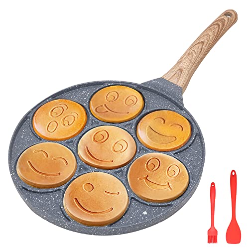 Bobikuke Padella Pancake Induzione Smile, Pancake Piastra Smiley Antiaderente 7 Fori Padella Frittata Piatto Colazione per Bambini 26 cm - Nero