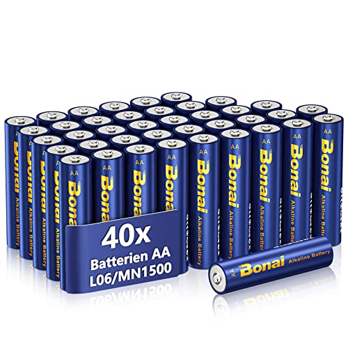 Bonai Batterie AA, Confezione da 40 Pile AA Stilo Alcaline 1,5V ad Alta Capacità Batteria LR06 Lunga Durata di 10 Anni MN1500