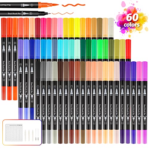 Brush Pen Lettering, 60 Colori Pennarelli Doppia Punta 0,4 mm e 1-4mm Punta Brush, per Bambini e Adulti Calligrafia, Pittura, Colorazione, Disegnare a Scuola