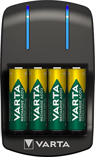 Caricabatterie Varta Plug - Indicatore di ricarica LED - Arresto di sicurezza - design esclusivo di Varta - Carica 2 o 4 AA, AAA simultaneamente - incl. 4x batterie AA 2100 mAh
