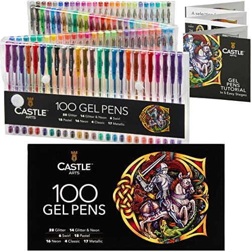 Castle Art Supplies Set di 100 Penne Gel Colorate per Adulti | In Cofanetto | Disegni, Album, Diari | Fantastici Colori a Effetto (Spirale, Glitter, Neon, Pastello, Metallico)