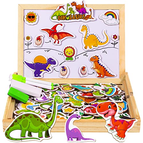 COOLJOY Puzzle Magnetico Legno, Legno Giocattolo Puzzle Double Face Pittura, Dinosaur Jurassic World Puzzle con Lavagna, Educativo Creativi Bambini 3 Anni 4 Anni 5 Anni (Dinosaur)