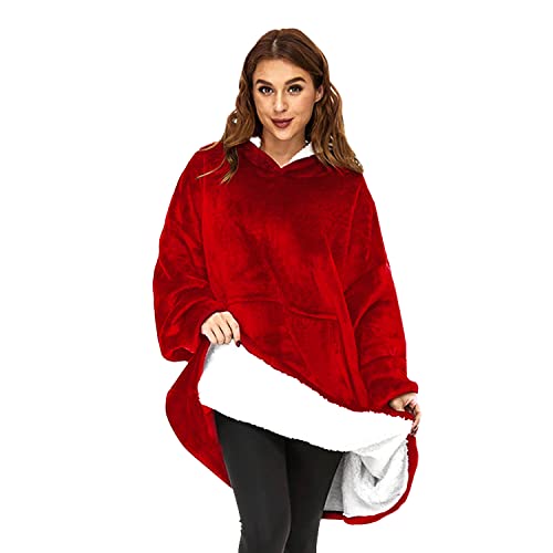 Coperta con cappuccio [ Plaid XL - 120cm ] Coperta indossabile in pile con maniche - Felpa oversize donna, blanket hoodie | Confortevole e morbido | Perfetto per le notti invernali sul divano (Rosso)