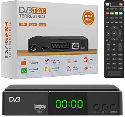 Decoder DVB-T2 Ricevitore Digitale Terrestre HDMI TV Stick HD 1080P H.265 HEVC 10 Bit, Supporta USB WiFi  Multimedia PVR Riceve per tutti i canali TV gratuiti [2in1 telecomando universale]