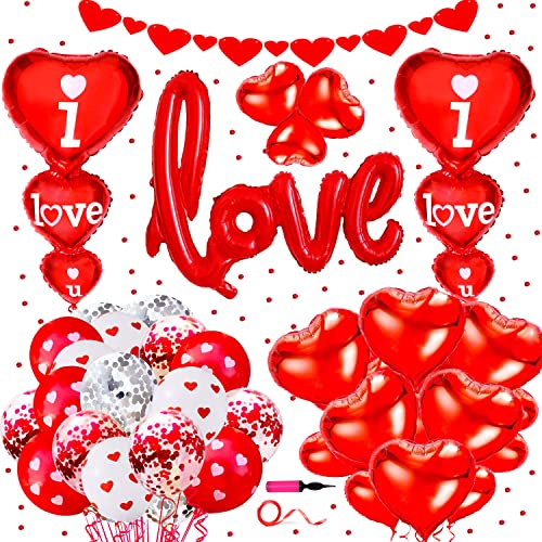 Decorazione di palloncini di San Valentino,Palloncini cuore rosso Palloncini in lattice coriandoli rosso e striscione cuore per San Valentino Matrimonio Compleanno Anniversaire Decoration
