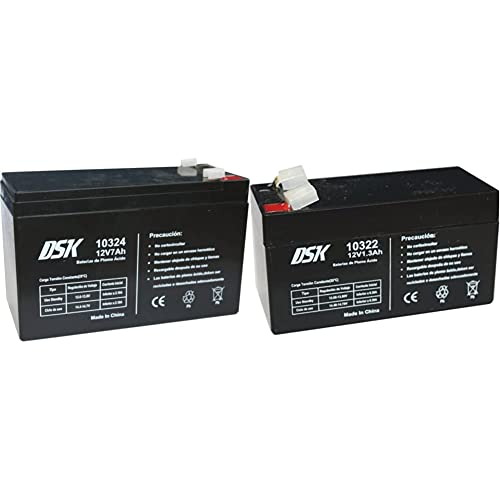 DSK 10324 - Batteria al piombo AGM ricaricabile sigillata 12V 7Ah. Batteria ideale per allarmi domestici e industriali & 10322 - Batteria al piombo AGM ricaricabile sigillata 12V 1,3Ah