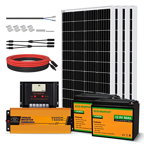 ECO-WORTHY Sistema Completo di Pannelli Solari 480 Watt Off-grid: 4 Pannelli Solari+2 Batterie al Litio da 50Ah+Regolatore di Carica da 30A+Inverter da 1500W+Accessori di Montaggio per Casa,Camper