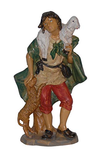 euromarchi Personaggio Pastore con Pecorelle Presepe Statuetta in Resina Tipo Legno 20 cm