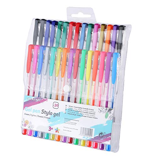 Exerz penne gel colorate 30pezzi in secchio di PVC, penne a sfera punta fina, comprende penne con glitter, neon, neon metallico, neon glitter, pastello, arcobaleno e classiche sfumature