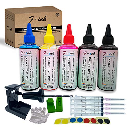 F-ink - 5 flaconi da 100 ml di inchiostro e strumenti per ricaricare l inchiostro, compatibili con cartucce d inchiostro Hp 303 305 307 21 22 338 339 343 901 303XL 305XL 307XL