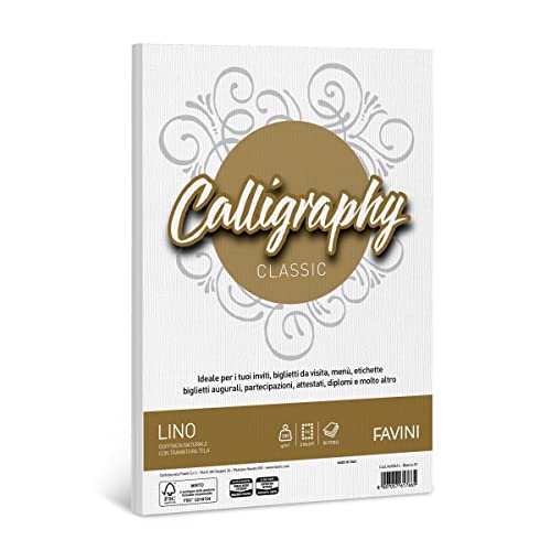 Favini A690614 Calligraphy Lino colore Bianco 50 cartoncini da 200 gr m2 formato A4 21x29,7 cm ideali per Inviti Partecipazioni Diplomi Menù Made in Italy